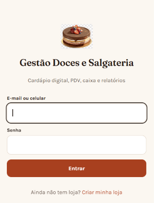 Tela de login do sistema de Doces e Salgateria